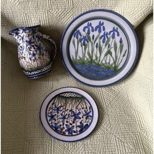 Set Of 3 Handmade Blue Art Pottery Floral Pitcher 6.5" and 2 Plates 6.5" & 10"